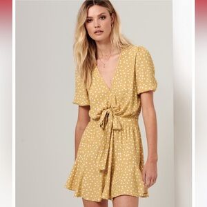 KIVARI Tie Front Mini Dress Maise Yellow Polka Dot Wrap Dress